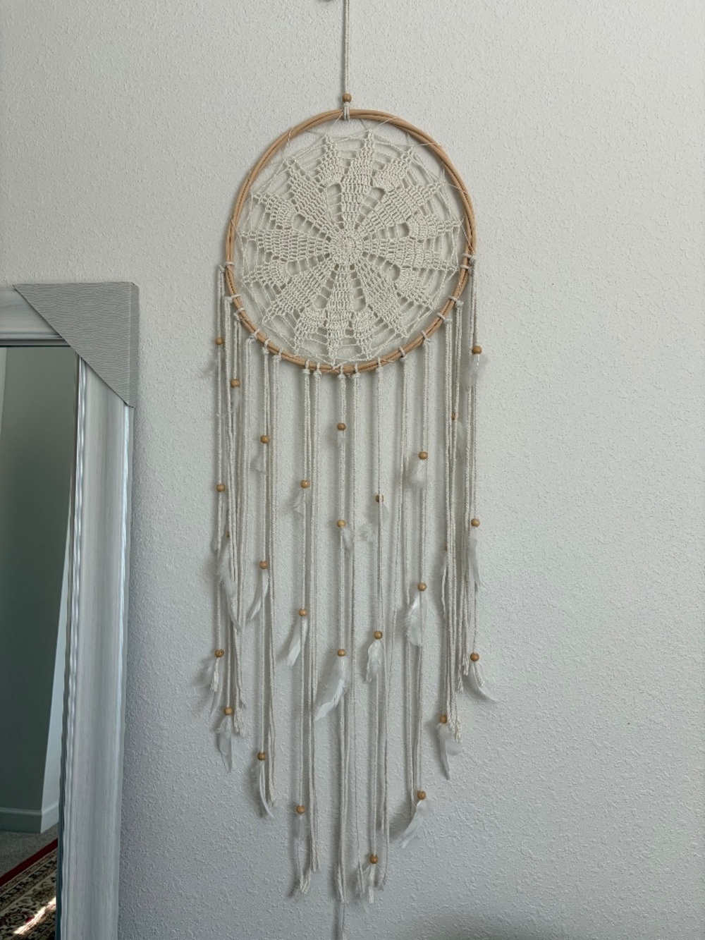 VTG Ivory/Tan Dream Catcher - Woven, Wooden, Beaded, Feather, Knit, 70s Boho
